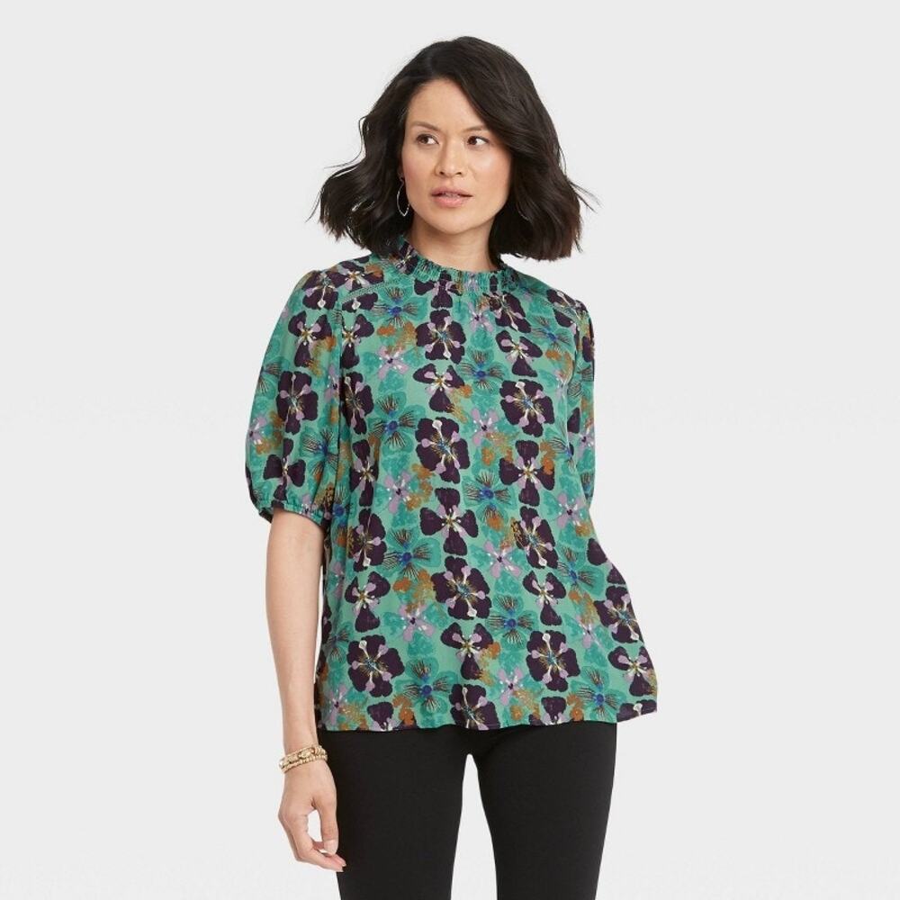 Knox Rose Floral Top Green Mock Neck Smocked Back Button Short Sleeve Sz XL